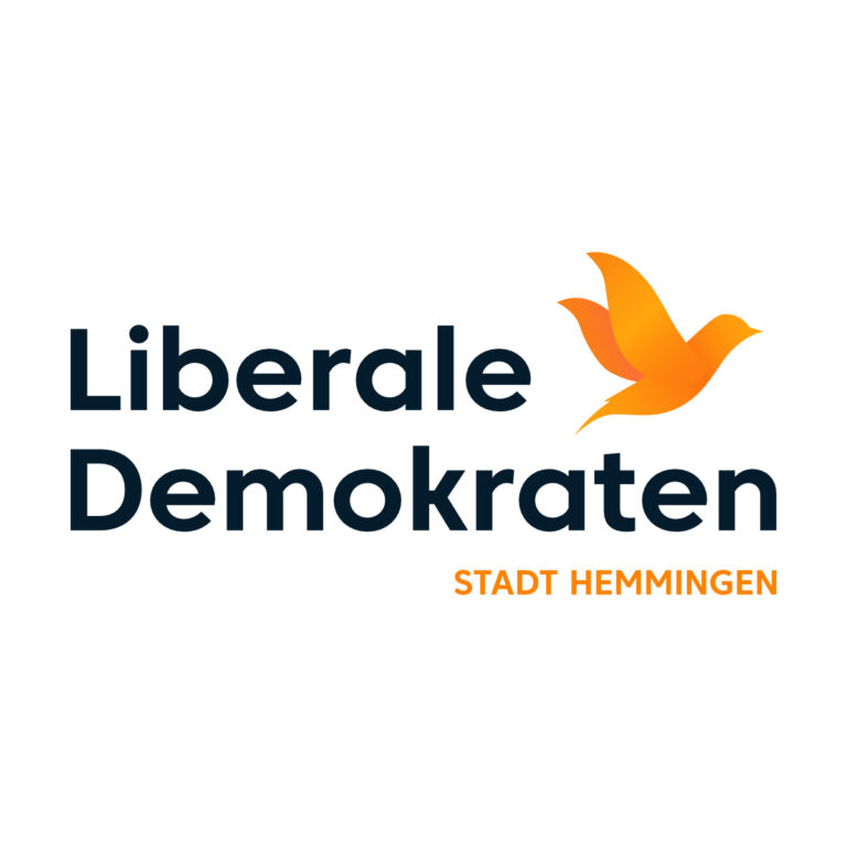 Logo des Stadtverbandes Hemmingen. Das übliche Logo der Liberalen Demokraten ( Parteiname in blauer Schrift und der orange Vogel) wird unten mit orangener Schrift ergänzt: "Stadt Hemmingen".