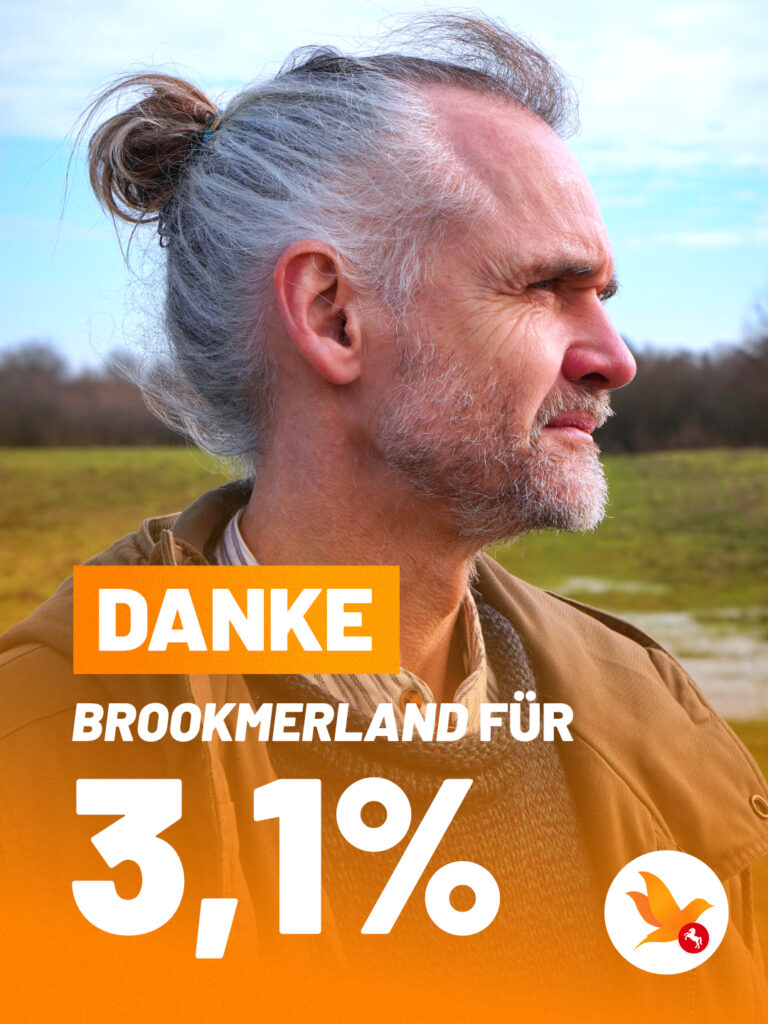 Sharepic mit dem Text "Danke Brookmerland für 3,1%". Im Hintergrund ist ein Portrait von Steve zu sehen.