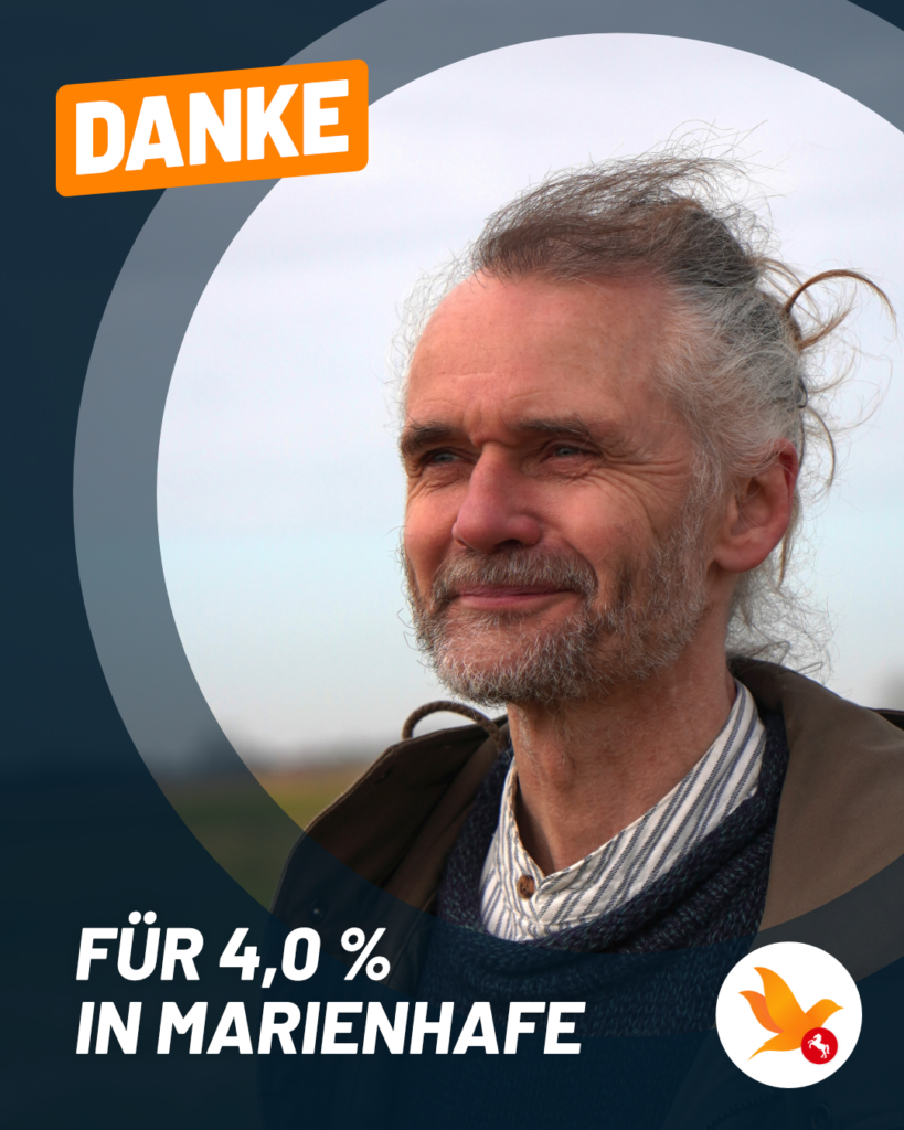 Sharepic mit dem Text "Danke für 4,0% in Marienhafe. Im Hintergrund ist ein Portrait von unserem neuen Ratsmitglied Steve Bourne zu sehen. Er steht auf einer großen Wiese in Marienhafe. Er hat lange, graue Haare und einen Vollbart. Unter seiner Jacke trägt er einen gestrickten Pullover, unter dem ein gestreiftes Hemd zu sehen ist. Unten rechts ist das Logo der LD Niedersachsen zu sehen.